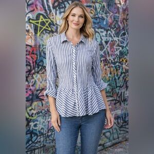 LOVE NOTES Grey and White Striped Button-Down Shirt with Flare Size Large